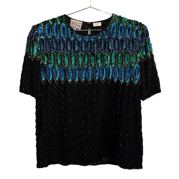Stenay Silk Vintage Black, Blue & Gold Sequin Short Sleeve Top M - Picture 1 of 6
